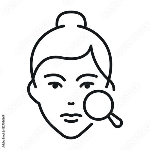 Dermatology icon featuring a woman examining skin with a magnifying glass in a clean, simple vector design