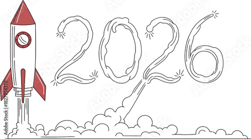 Rocket launching towards 2026 new year with smoke trail on a white background