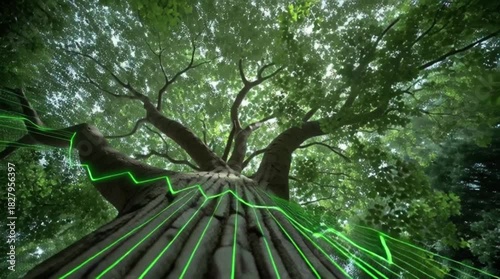 Worm's eye view of a tree with green lines overlaid on its trunk and canopy