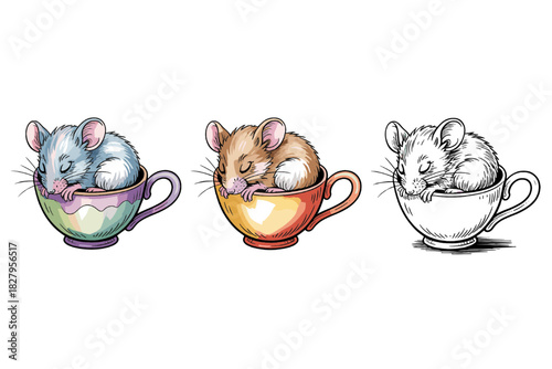 Cute Hand-Drawn Hamster or Mouse Sleeping in Teacup Vector Set