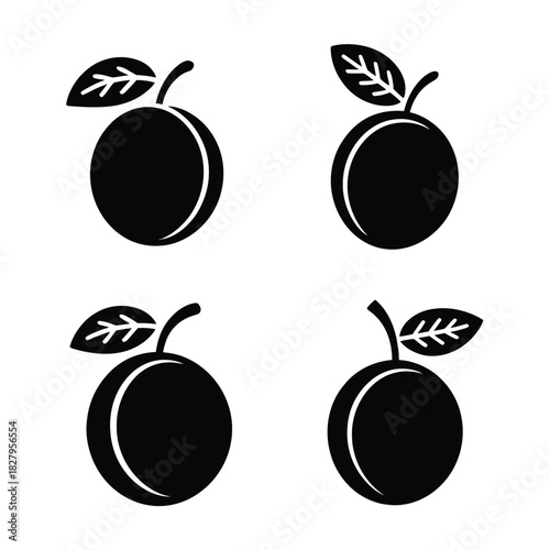 Four simple black and white illustrations of plums with leaves and stems