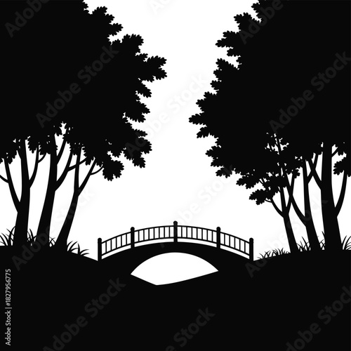 Serene silhouette of a picturesque arched bridge nestled between lush trees, evoking tranquility and natural beauty.