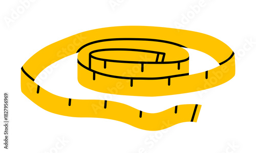 Hand drawn cute illustration of measure tape. Flat vector fitness equipment doodle. Body weight loss measurement sticker. Wellness or healthy lifestyle icon. Overweight or diet concept. Isolated.