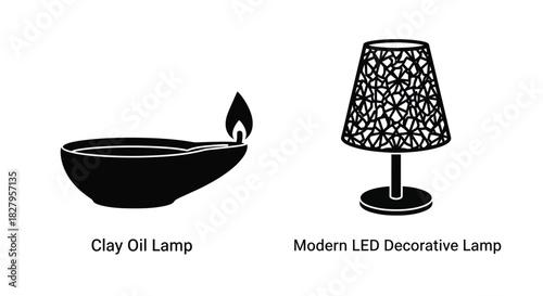 Contrasting traditional clay oil lamp and a modern led decorative lamp design