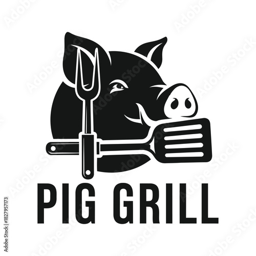 Stylized black silhouette of a pig s head with barbecue tools forming its mouth and snout