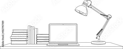 Minimalist workspace illustration with laptop books and adjustable desk lamp