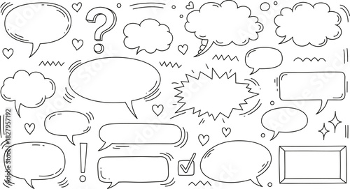 Hand drawn speech bubbles and thought bubbles collection in black and white
