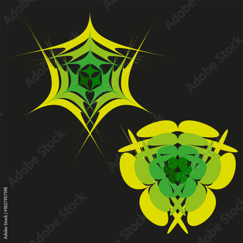 Abstract flower shapes. Dynamic star elements. Green yellow Vector set. Dark background graphic.