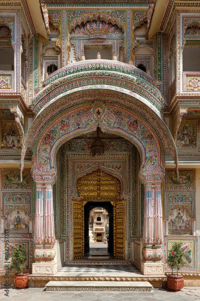 Fototapeta premium Ornate, multi-story building featuring a vibrantly painted archway and detailed facade