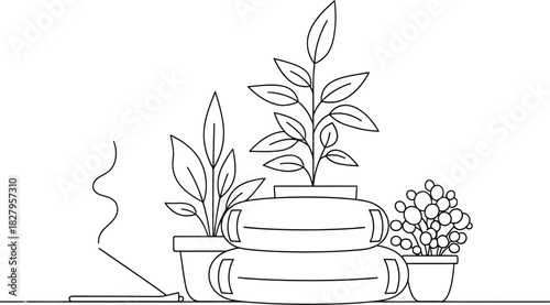 Minimalist line art of plants with incense creating a peaceful zen atmosphere