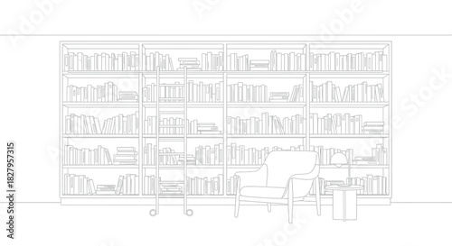 Line art illustration of a library with a chair and ladder in a cozy room