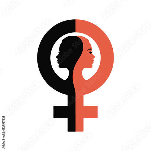 Symbol of female empowerment with diverse women's profiles merging into a unified gender sign
