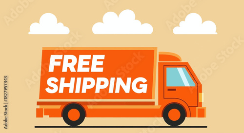 Illustration of an orange delivery truck advertising free shipping against a light background