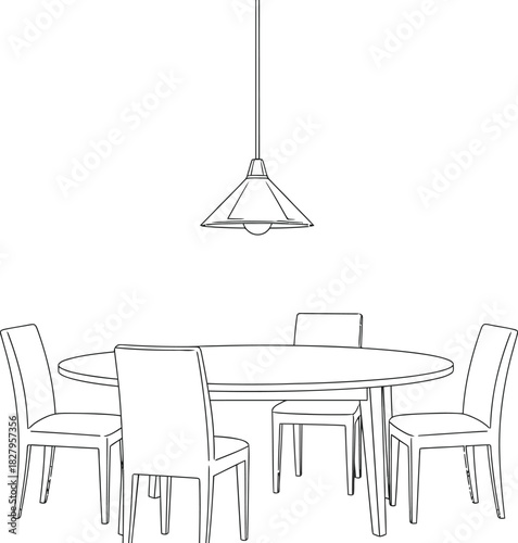 Minimalist dining room setup with oval table and pendant light illustration