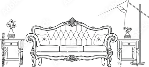 Elegant living room interior design with classic sofa and side tables illustration