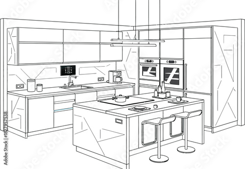 Futuristic kitchen design with modern appliances and sleek gray cabinetry style