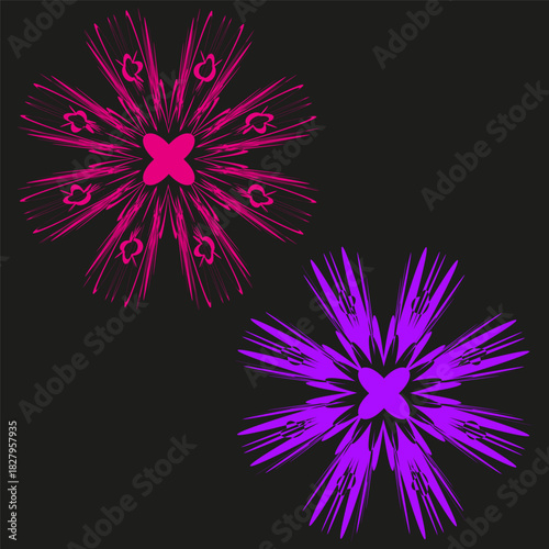 Abstract star bursts. Dynamic spike elements. Pink purple Vector set. Dark background graphic.