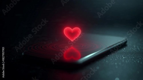 Red heart hologram reflecting on a dark surface next to a smartphone edge