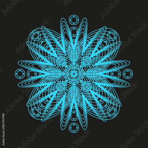 Abstract floral pattern. Stylized rosette element. Cyan line Vector. Dark background graphic.