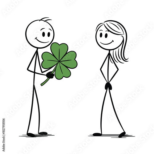 Man offers a woman a lucky four leaf clover, symbolizing good fortune and happiness.
