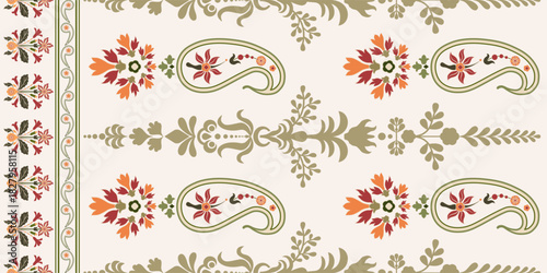 Vector Hand drawn colourful geometric flowers Motifs African boho paisley, seamless patterns with floral for fabric Ethnic Indian Pattern, textiles, clothing, wrapping paper, backdrop, banner.
