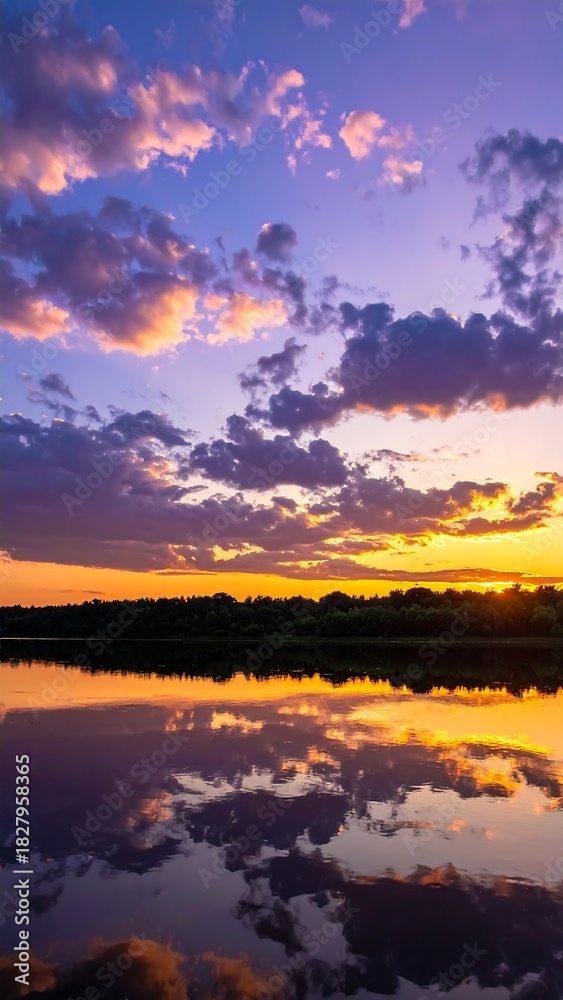 Fototapeta premium Beautiful sunset over a serene lake, reflecting colors in its water