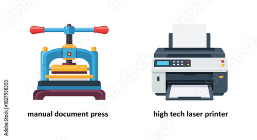 Vintage printing press alongside a modern laser printer contrasting technologies