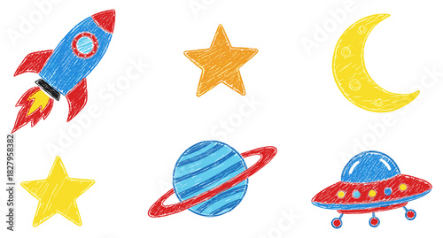 Whimsical childlike crayon drawing of a space-themed collection featuring a flying rocket, Saturn, radiant stars, crescent moon, and an alien spaceship for playful cosmic designs and educational