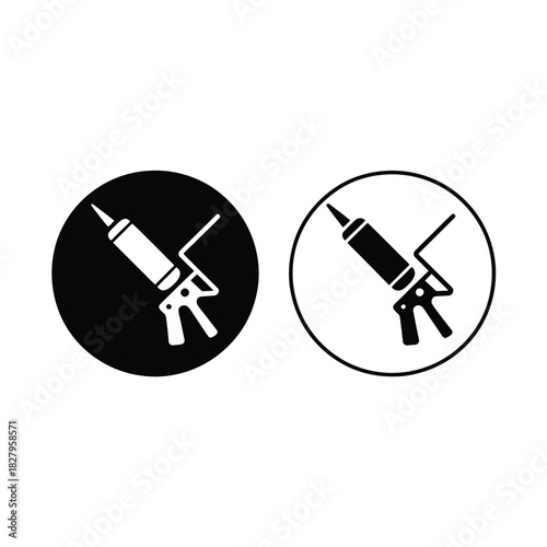 Simple icons of a caulking gun in black and white circles for construction or repair.