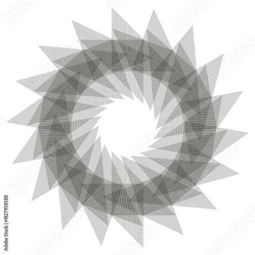 Abstract rotation symbol. Grey triangles overlap. Motion dynamic element. Vector spiral composition.