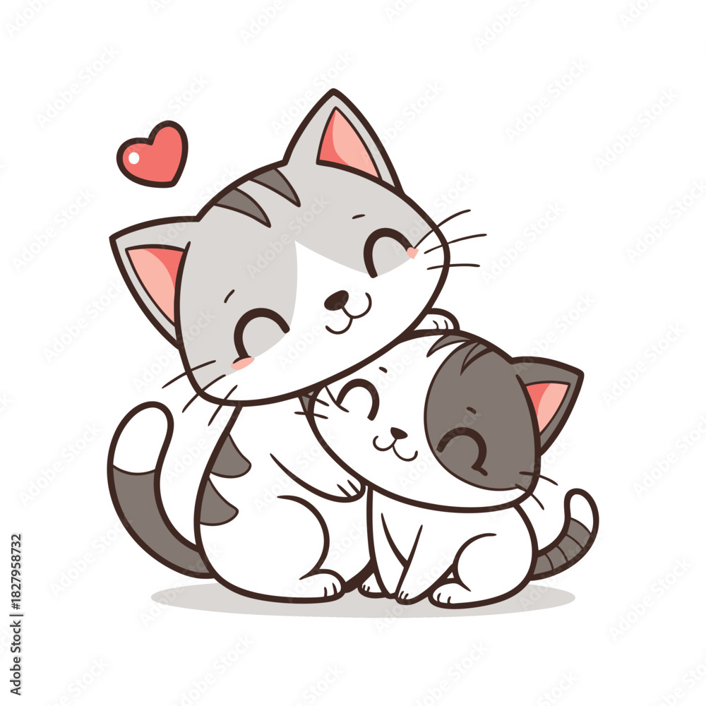 Obraz premium Two adorable cartoon cats hugging each other with a small pink heart floating above them