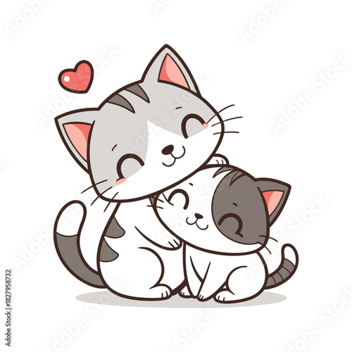 Two adorable cartoon cats hugging each other with a small pink heart floating above them