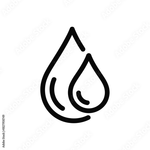 Simple black outline illustration of two water droplets, one larger than the other, symbolizing purity and hydration.