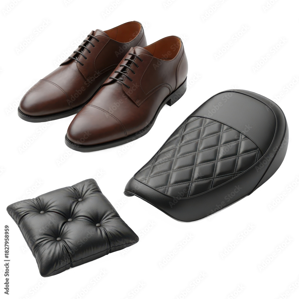 Fototapeta premium Classic brown leather dress shoes and a black quilted motorcycle seat cushion isolated on transparent background