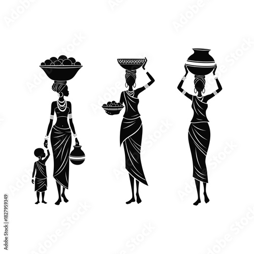 Three african women silhouettes carrying baskets and pots on their heads and hands with a child