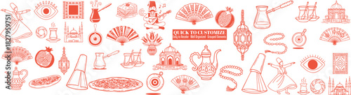 Linear monoline style cultural vector set with whirling dervish dancers, mosque silhouettes, lanterns, tea glasses, pomegranate fruit and ornate fans arranged in long horizontal banner layout