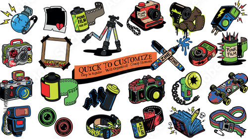 Skate punk vector flash style bundle of colorful analog cameras, film rolls, zine markers, and skull skateboard stickers in bold outlined doodle art