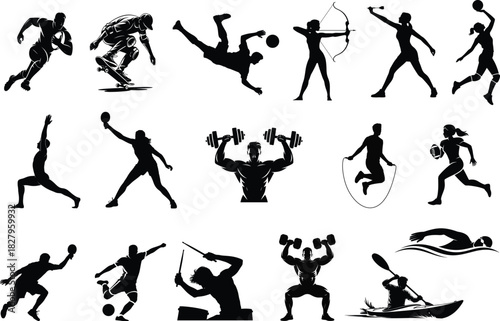 Diverse sports and fitness silhouettes in black and white