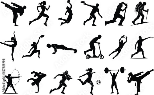Diverse sports and activities silhouettes black on white