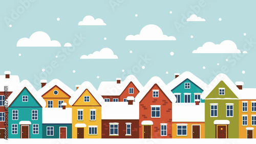 A colorful illustration of a row of houses with snow-covered roofs under a cloudy sky.