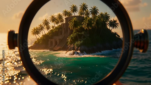 Cinematic spyglass view looking at a hidden tropical island with ancient ruins and palm trees on a golden ocean, illustrating adventure and discovery