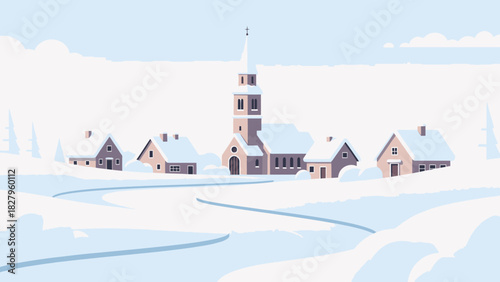 Winter village scene with snow-covered houses and church.