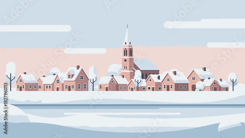 A flat vector illustration of a quaint village with a church covered in snow during a peaceful winter day.