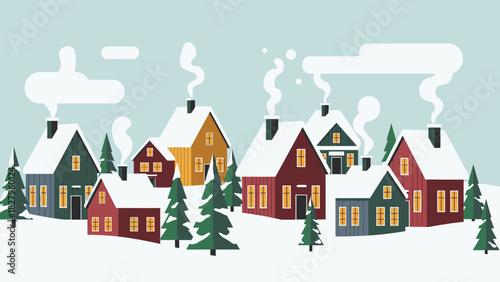 A charming winter village scene with snow-covered houses and smoking chimneys.
