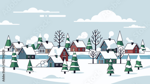Charming Winter Village Scene with Snow-Covered Houses and Evergreen Trees Under a Cloudy Sky