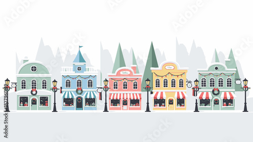 Festive winter town street with decorated buildings and snow.