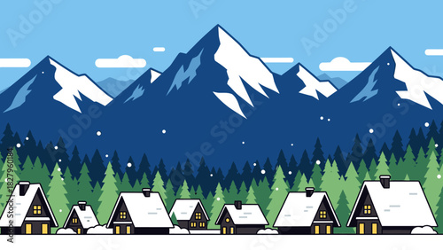 A scenic winter landscape featuring snow-covered mountains, evergreen trees, and cozy houses.