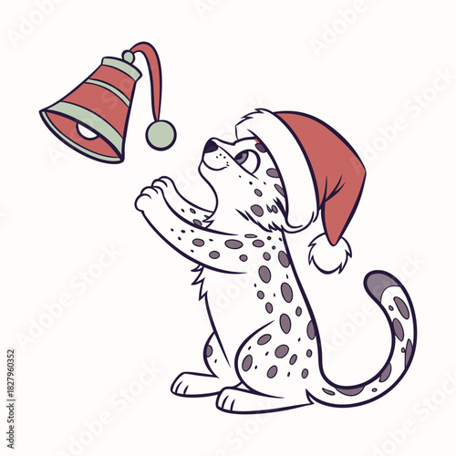 Cute cheetah cub wearing a santa hat plays with a christmas bell