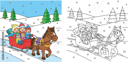 Coloring book page of happy family riding horse sleigh in winter landscape, vector illustration with colored reference and black and white outline for kids activity