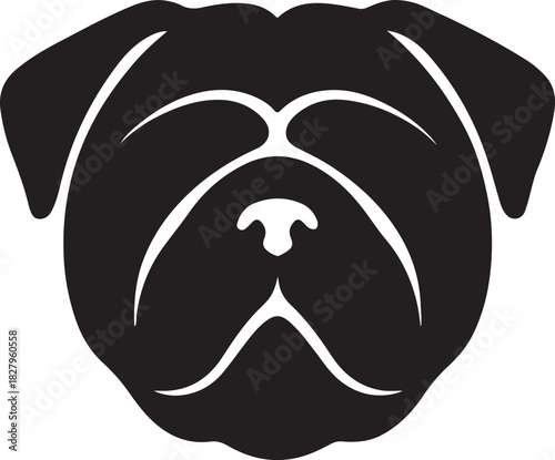 a black silhouette of a bulldog face with distinct wrinkles and floppy ears
